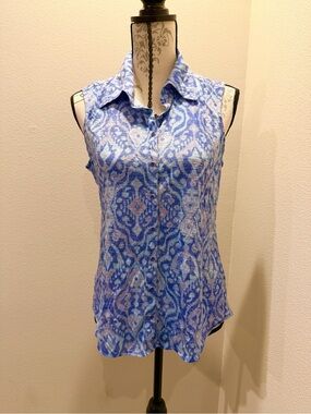 David Cline Sz.M Sleeveless Blue Patterned Crinkle Fabric Snap Front Top